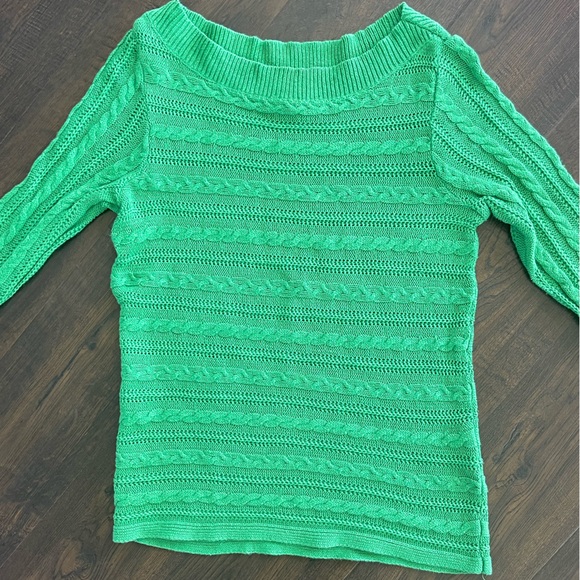CHAPS Ralph Lauren Kelly Green Boatneck Cable Knit Sweater 3/4 Sleeve MEDIUM - Picture 4 of 9